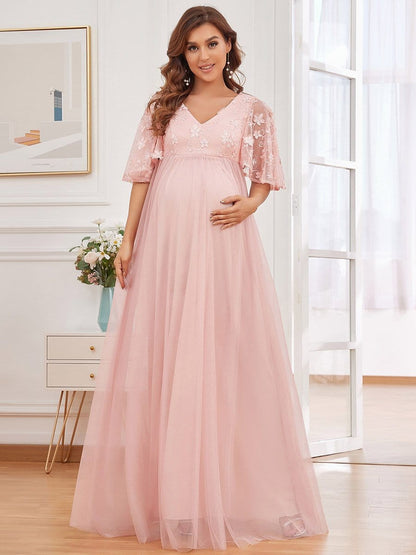 Color=Pink | Flutter Sleeve Floor-Length Embroidery Maternity Dress-Pink 5