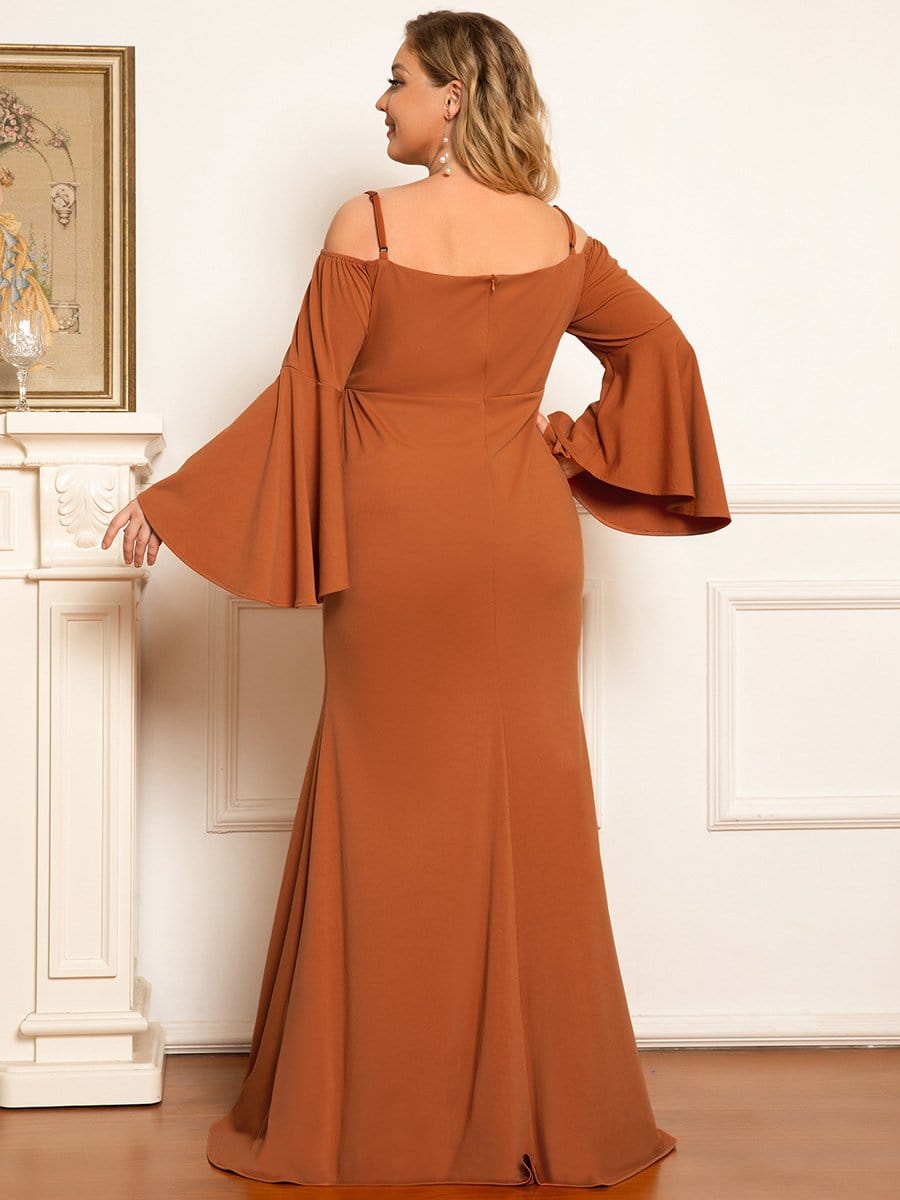 Color=Burnt Yellow | Plus Size Long Sleeve Cold Shoulder Fishtail Maternity Dress-Burnt Yellow 2