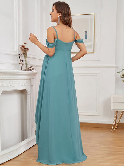 Color=Dusty blue | Chiffon High-Low Cold Shoulder Bump Friendly Dresses-Dusty Blue 2