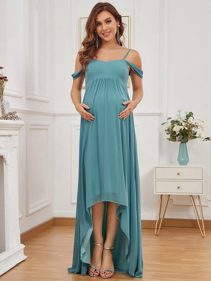 Color=Dusty blue | Chiffon High-Low Cold Shoulder Bump Friendly Dresses-Dusty Blue 5