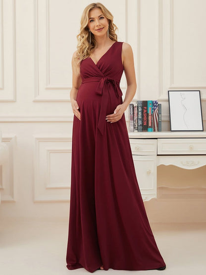 Color=Burgundy | Tie-Front Empire Waist Sleeveless Bump Friendly Dress-Burgundy 1