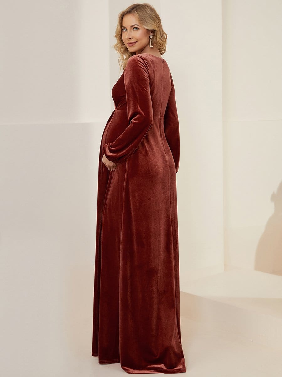 Long Sleeve Velvet V-Neck Front Slit Floor-Length Bump Friendly Dress #color_Brick Red 