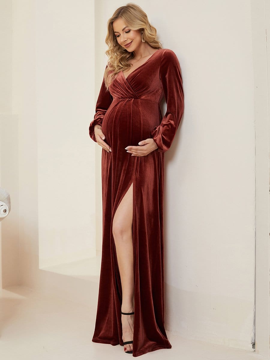 Long Sleeve Velvet V-Neck Front Slit Floor-Length Bump Friendly Dress #color_Brick Red 