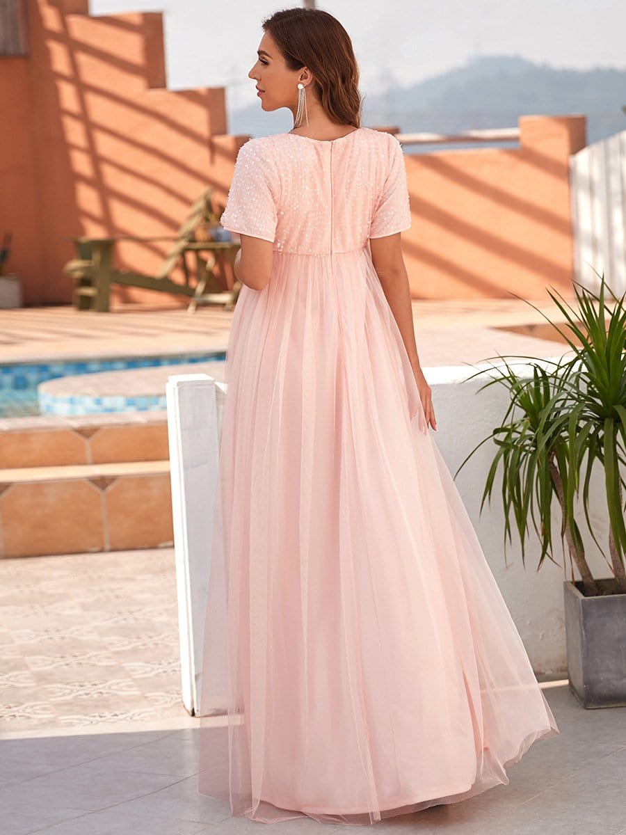 Color=Pink | Short Sleeve Sequin Floor-Length Empire Waist Maternity Dress-Pink 2