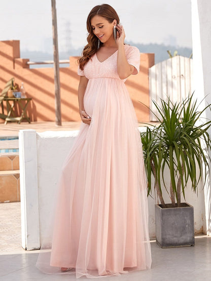 Color=Pink | Short Sleeve Sequin Floor-Length Empire Waist Maternity Dress-Pink 1