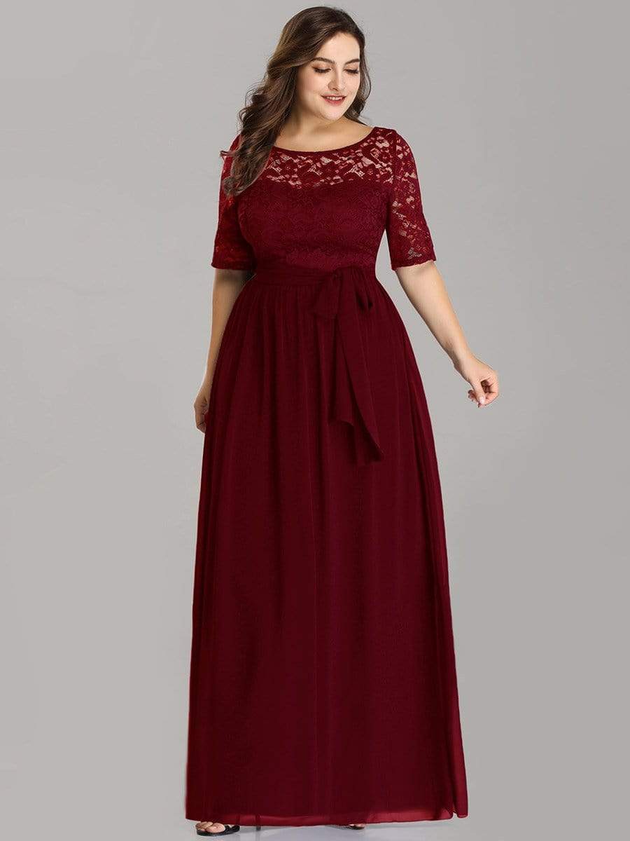 Maxi Long Lace Illusion Plus Size Mother Of the Bride Dresses #color_Burgundy 