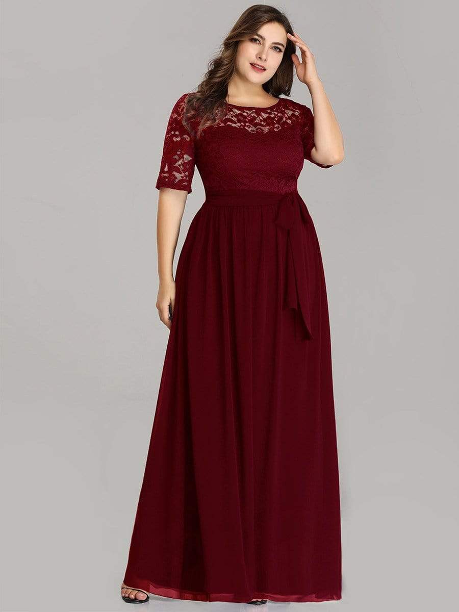 Maxi Long Lace Illusion Plus Size Mother Of the Bride Dresses #color_Burgundy 