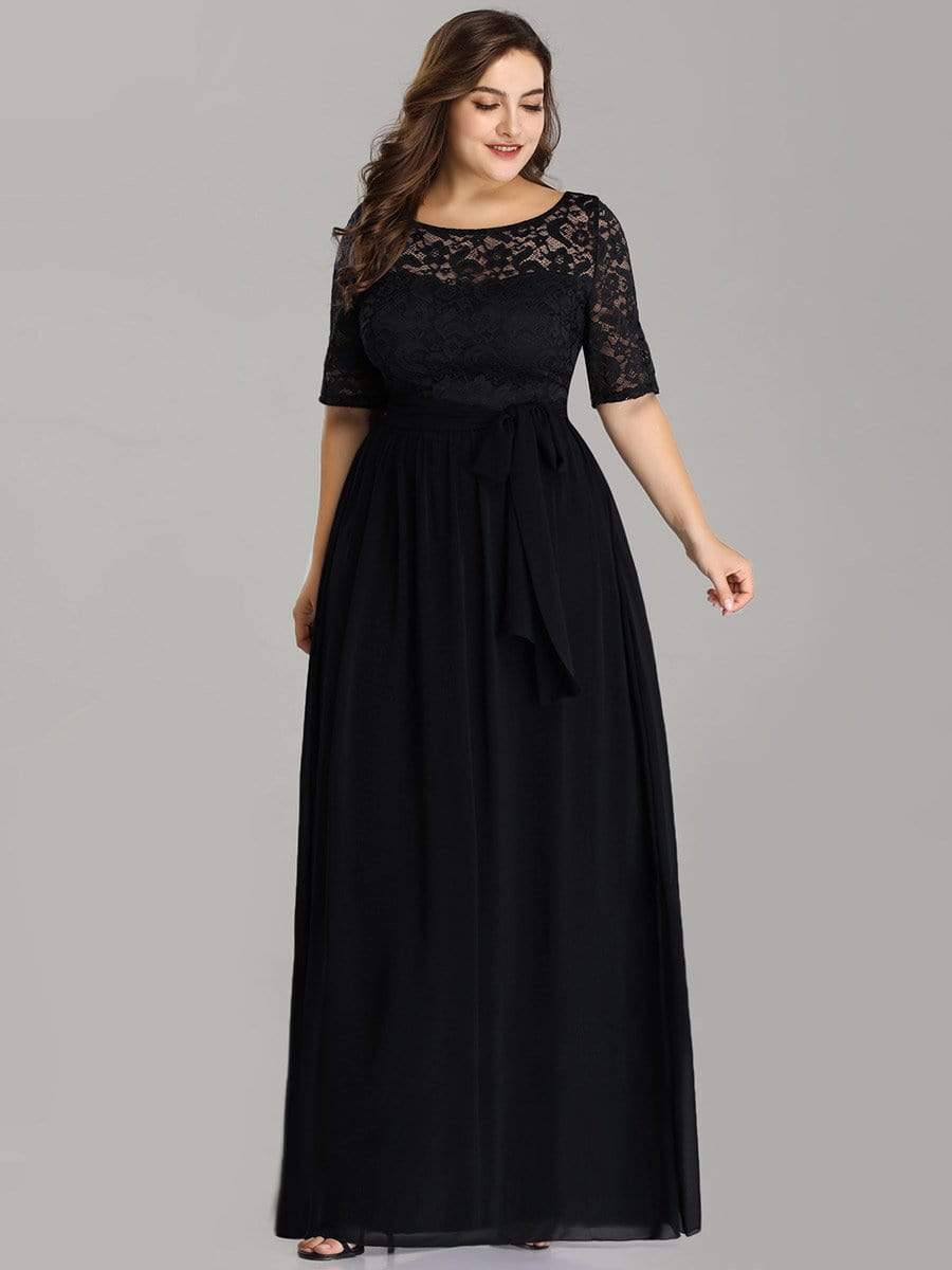 Maxi Long Lace Illusion Plus Size Mother Of the Bride Dresses #color_Black 