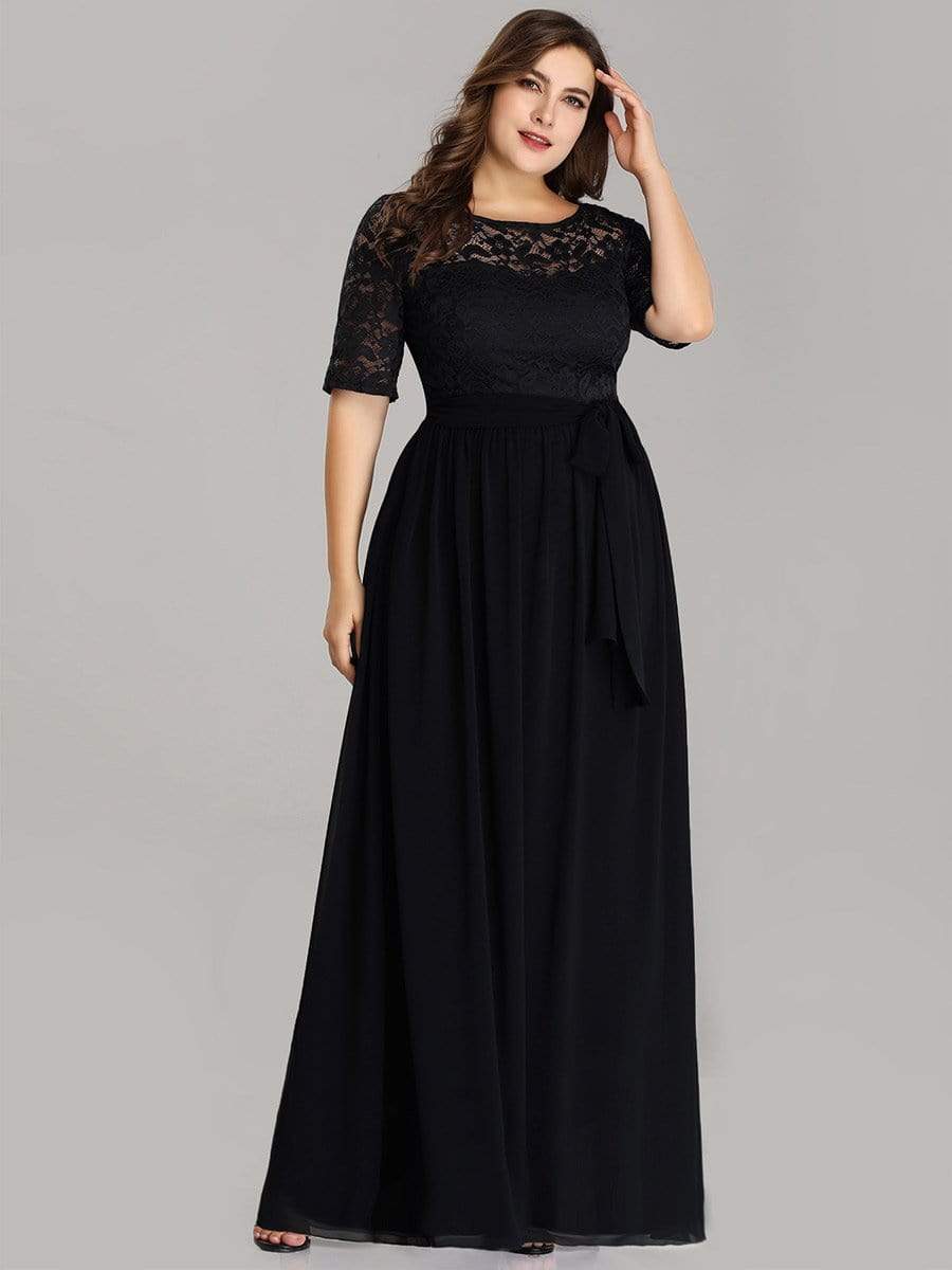 Maxi Long Lace Illusion Plus Size Mother Of the Bride Dresses #color_Black 