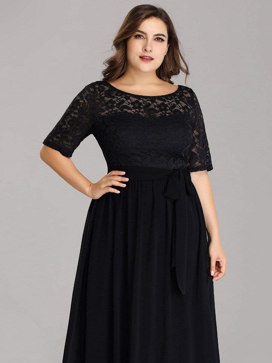 Maxi Long Lace Illusion Plus Size Mother Of the Bride Dresses #color_Black 