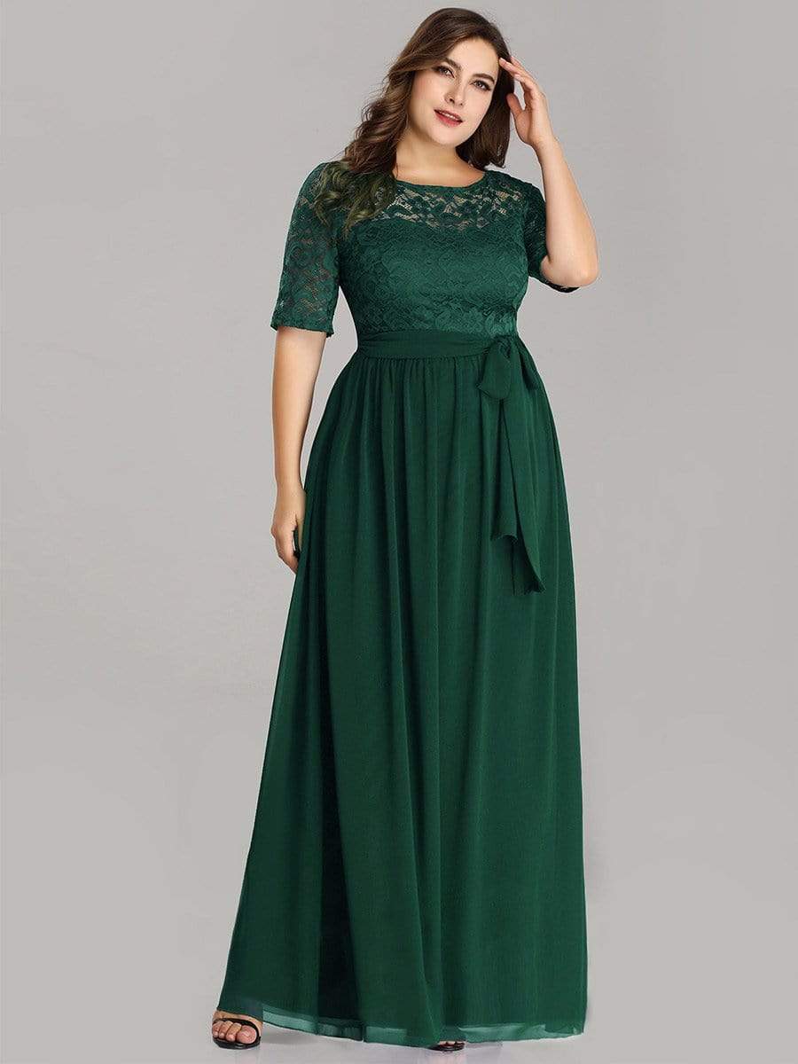 Maxi Long Lace Illusion Plus Size Mother Of the Bride Dresses #color_Dark Green 