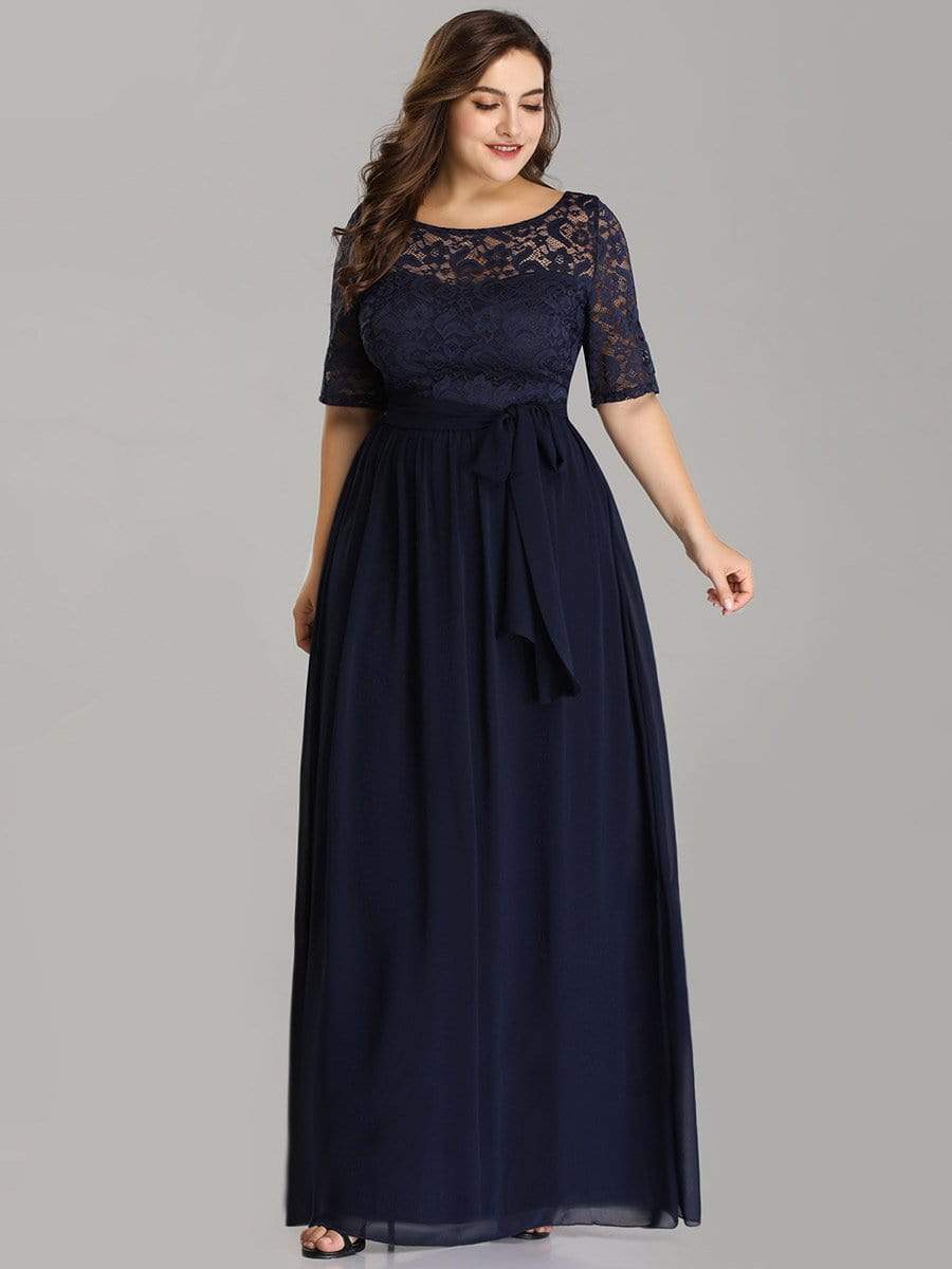 Maxi Long Lace Illusion Plus Size Mother Of the Bride Dresses #color_Navy Blue 