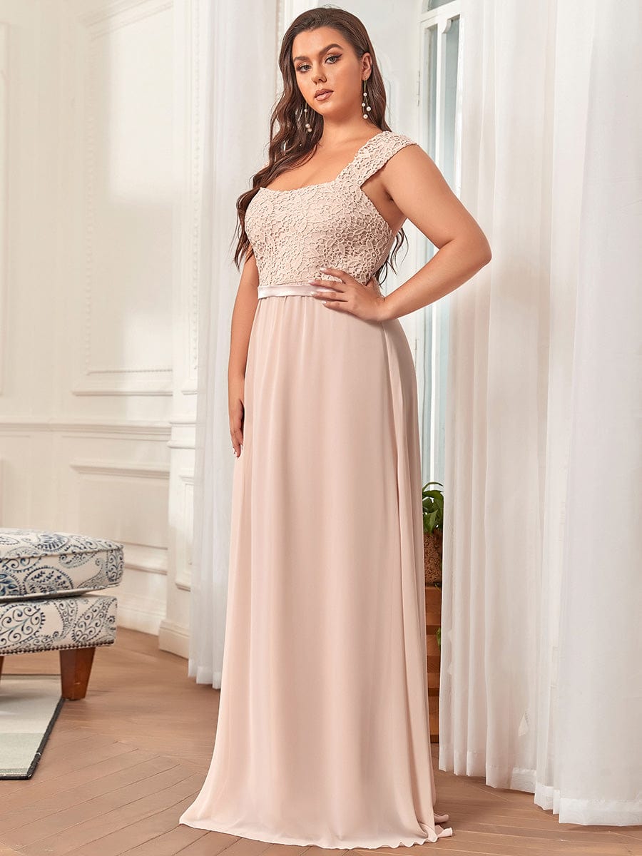 Custom Size Elegant A Line Long Chiffon Bridesmaid Dress With Lace Bodice #color_Blush