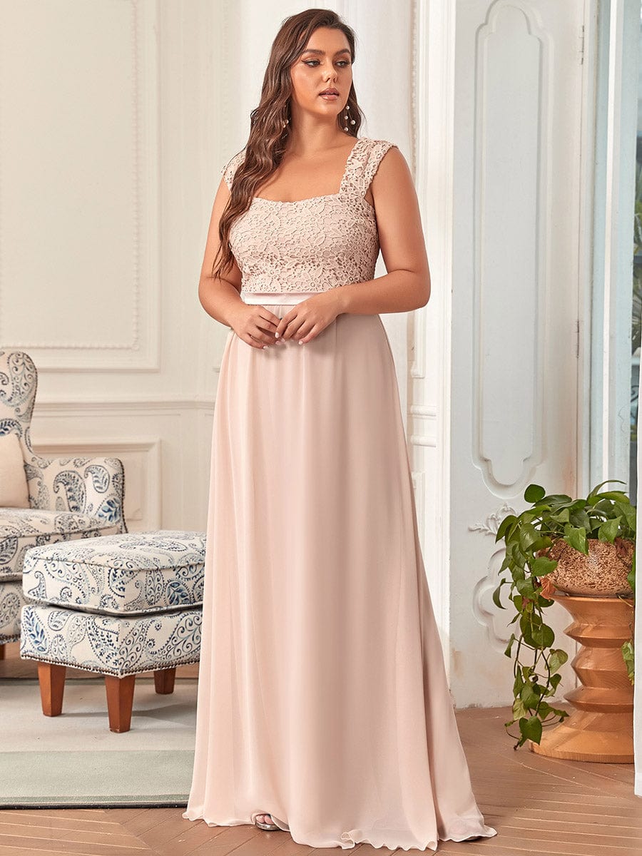 Custom Size Elegant A Line Long Chiffon Bridesmaid Dress With Lace Bodice #color_Blush