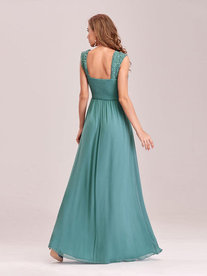 Custom Size Elegant A Line Long Chiffon Bridesmaid Dress With Lace Bodice #color_Dusty Blue