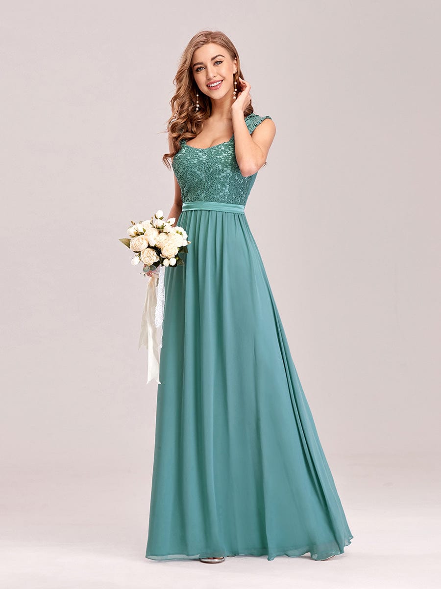 Custom Size Elegant A Line Long Chiffon Bridesmaid Dress With Lace Bodice #color_Dusty Blue