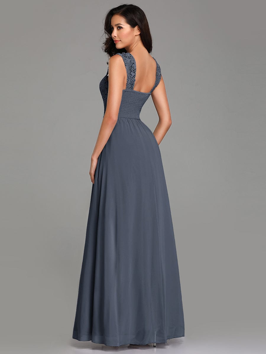 Custom Size Elegant A Line Long Chiffon Bridesmaid Dress With Lace Bodice #color_Dusty Navy