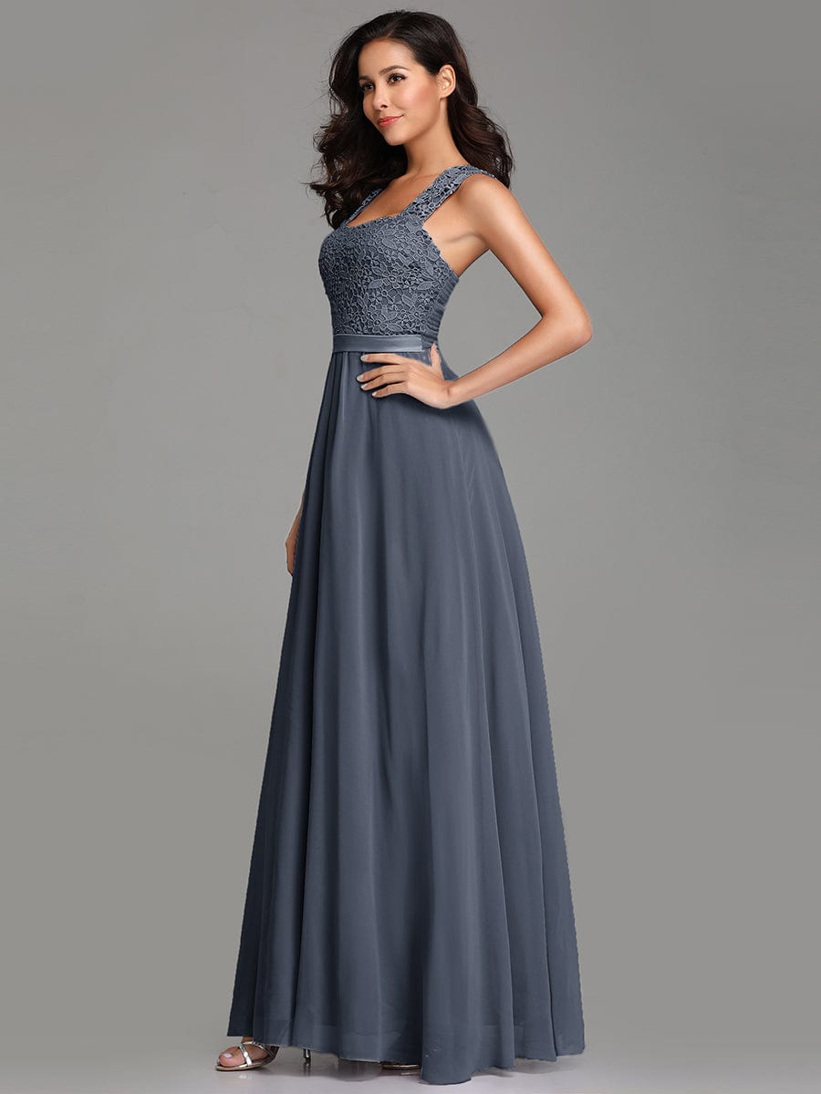 Custom Size Elegant A Line Long Chiffon Bridesmaid Dress With Lace Bodice #color_Dusty Navy