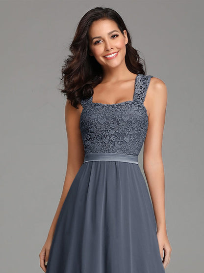 Custom Size Elegant A Line Long Chiffon Bridesmaid Dress With Lace Bodice #color_Dusty Navy