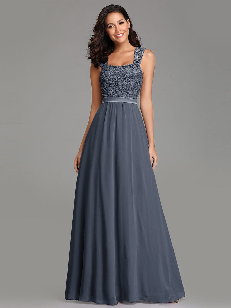 Custom Size Elegant A Line Long Chiffon Bridesmaid Dress With Lace Bodice #color_Dusty Navy