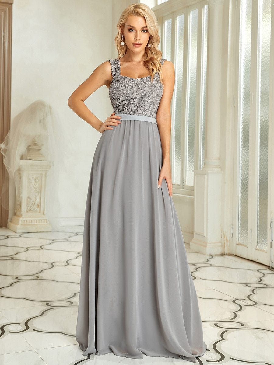 Custom Size Elegant A Line Long Chiffon Bridesmaid Dress With Lace Bodice #color_Grey