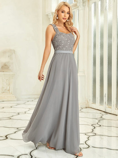 Custom Size Elegant A Line Long Chiffon Bridesmaid Dress With Lace Bodice #color_Grey