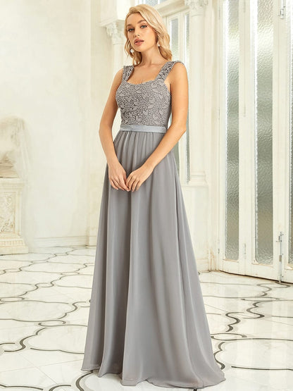 Custom Size Elegant A Line Long Chiffon Bridesmaid Dress With Lace Bodice #color_Grey