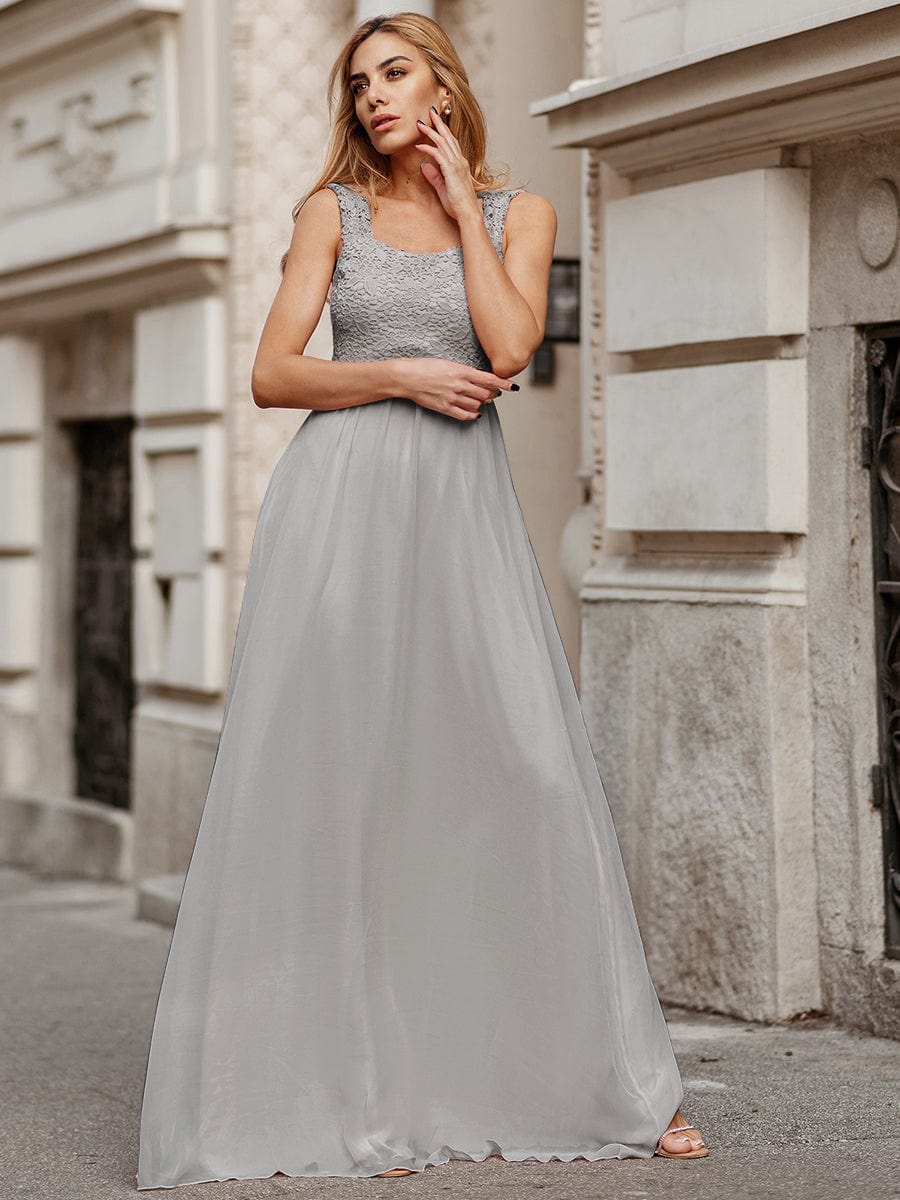 Custom Size Elegant A Line Long Chiffon Bridesmaid Dress With Lace Bodice #color_Grey