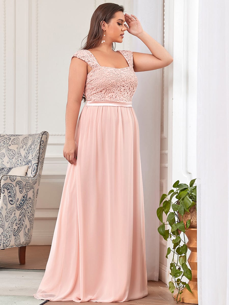 Custom Size Elegant A Line Long Chiffon Bridesmaid Dress With Lace Bodice #color_Pink