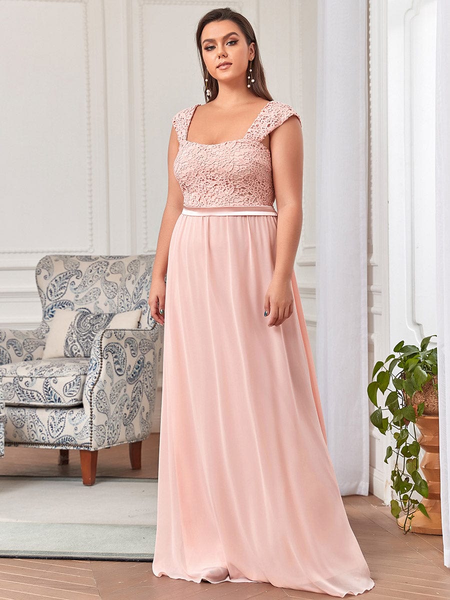 Custom Size Elegant A Line Long Chiffon Bridesmaid Dress With Lace Bodice #color_Pink