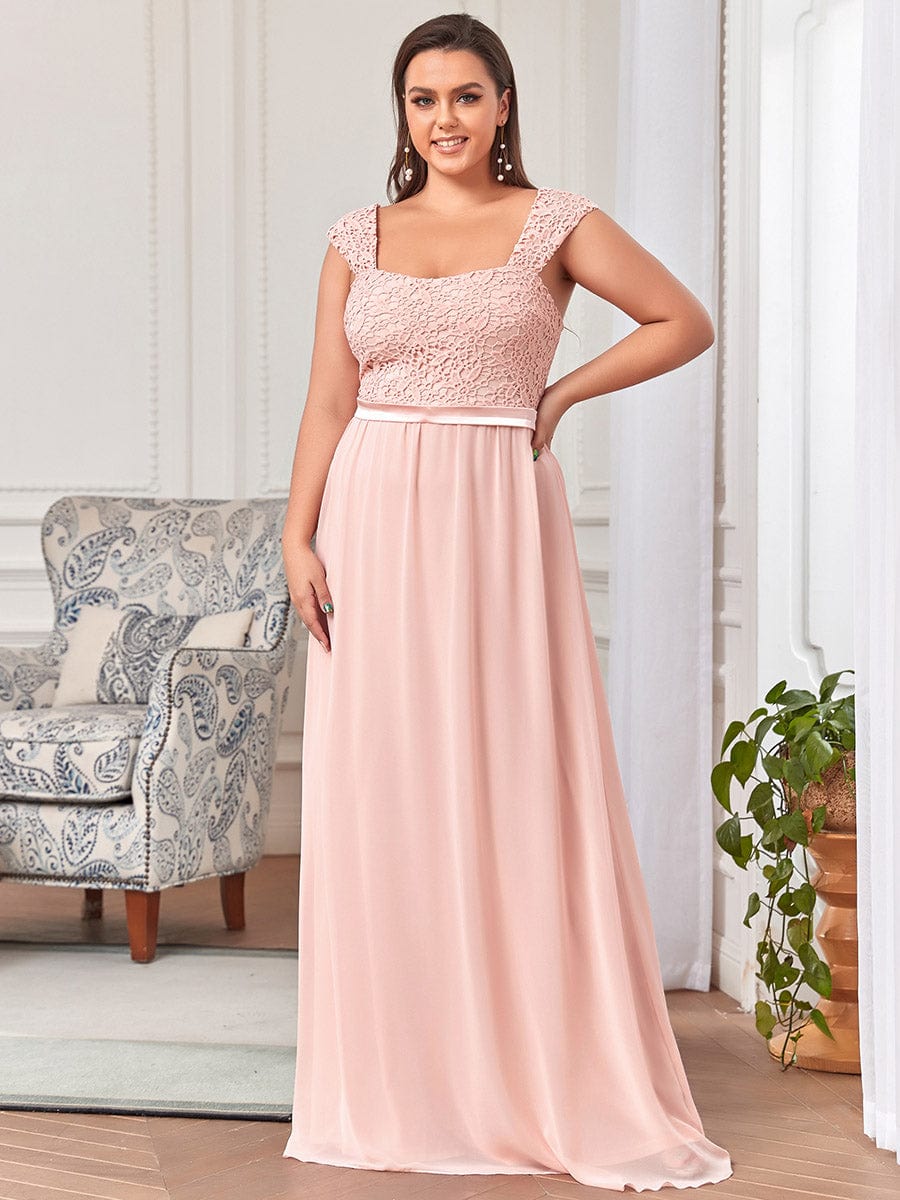 Custom Size Elegant A Line Long Chiffon Bridesmaid Dress With Lace Bodice #color_Pink