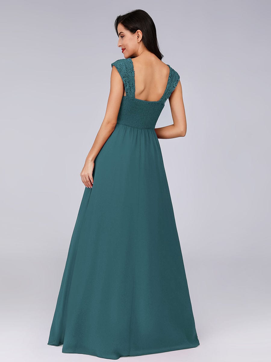 Custom Size Elegant A Line Long Chiffon Bridesmaid Dress With Lace Bodice #color_Teal