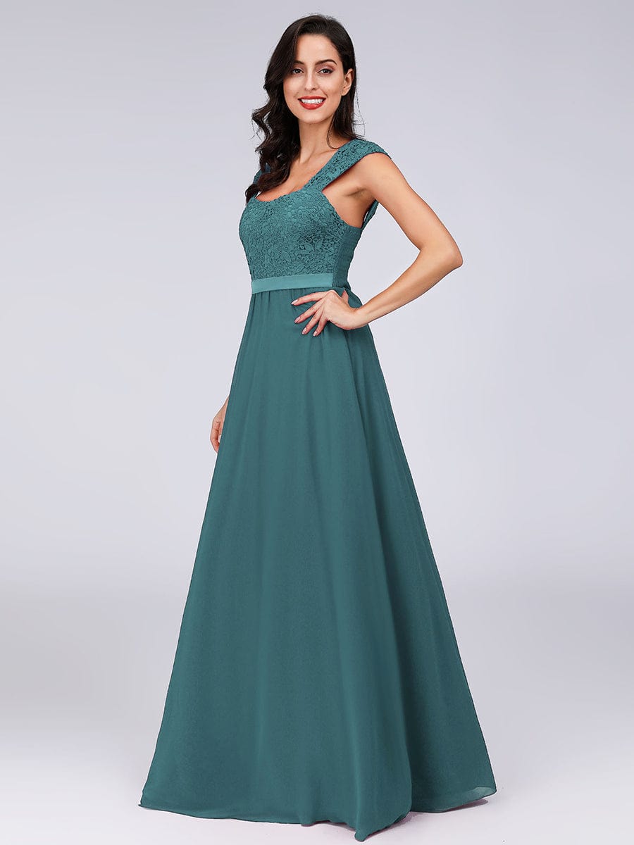 Custom Size Elegant A Line Long Chiffon Bridesmaid Dress With Lace Bodice #color_Teal