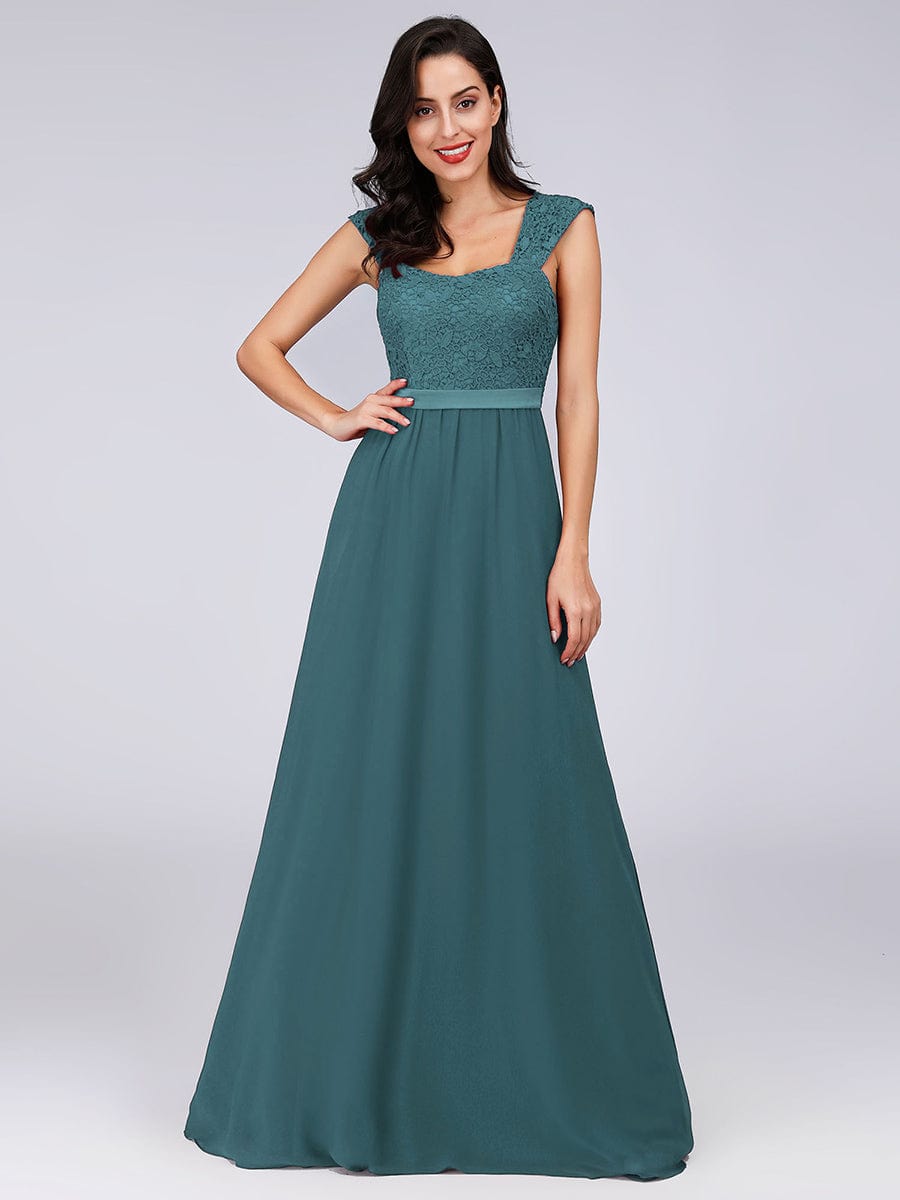 Custom Size Elegant A Line Long Chiffon Bridesmaid Dress With Lace Bodice #color_Teal