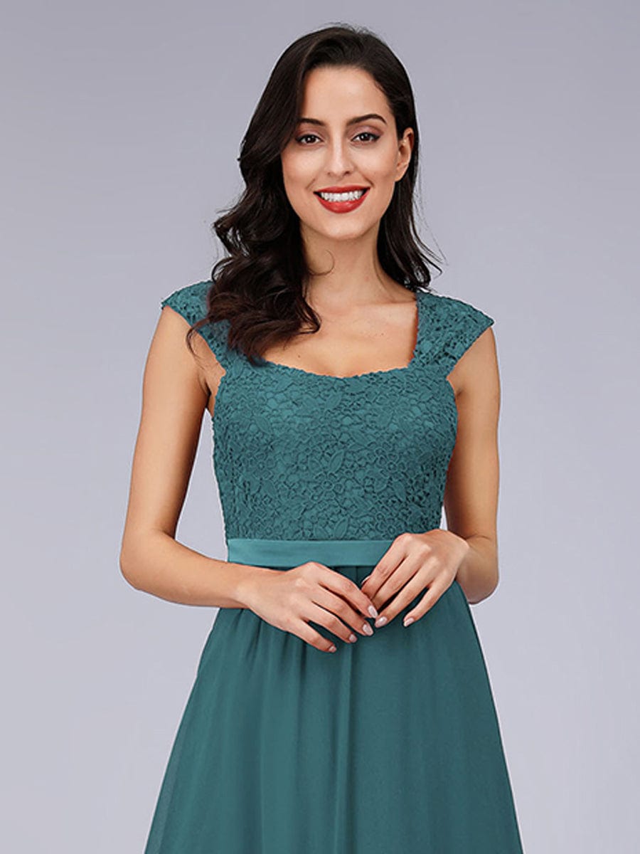 Custom Size Elegant A Line Long Chiffon Bridesmaid Dress With Lace Bodice #color_Teal