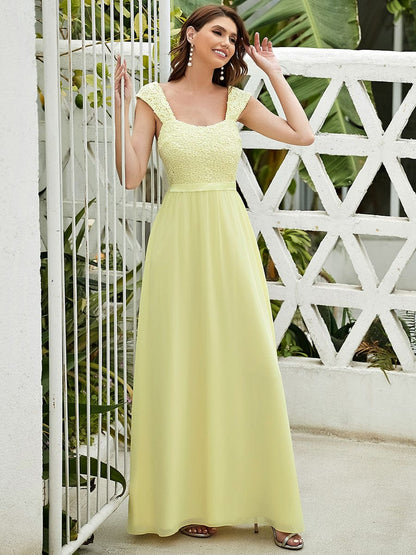 Custom Size Elegant A Line Long Chiffon Bridesmaid Dress With Lace Bodice #color_Yellow