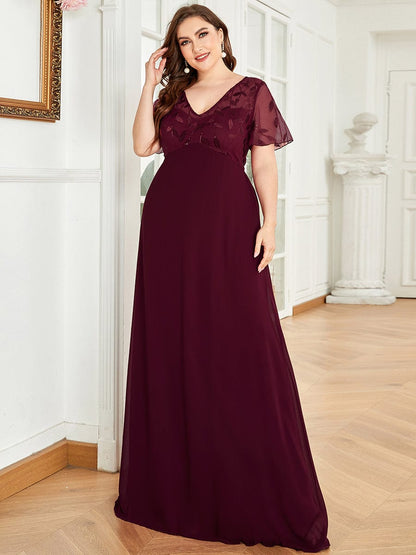 Plus Size V Neck Long Empire Formal Dresses with Sleeves #color_Burgundy 