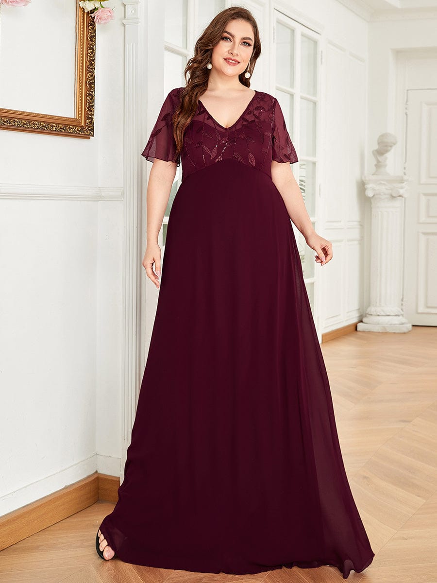 Plus Size V Neck Long Empire Formal Dresses with Sleeves #color_Burgundy 