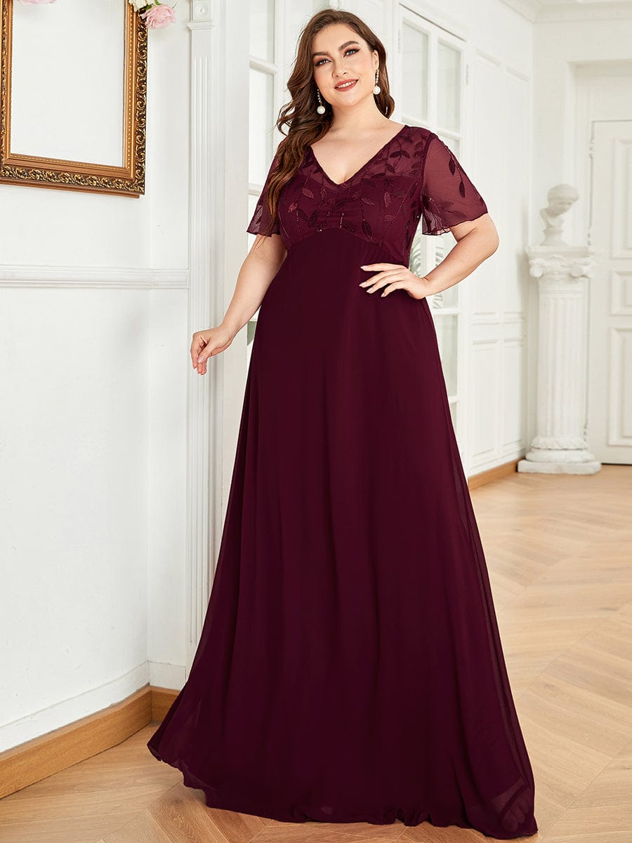 Custom Size Sequin Chiffon Evening Dresses with Sleeves #color_Burgundy