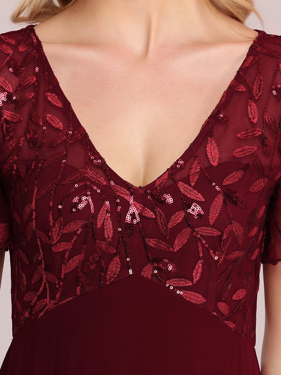 Sequin Print Evening Dresses for Women with Sleeves #color_Burgundy 