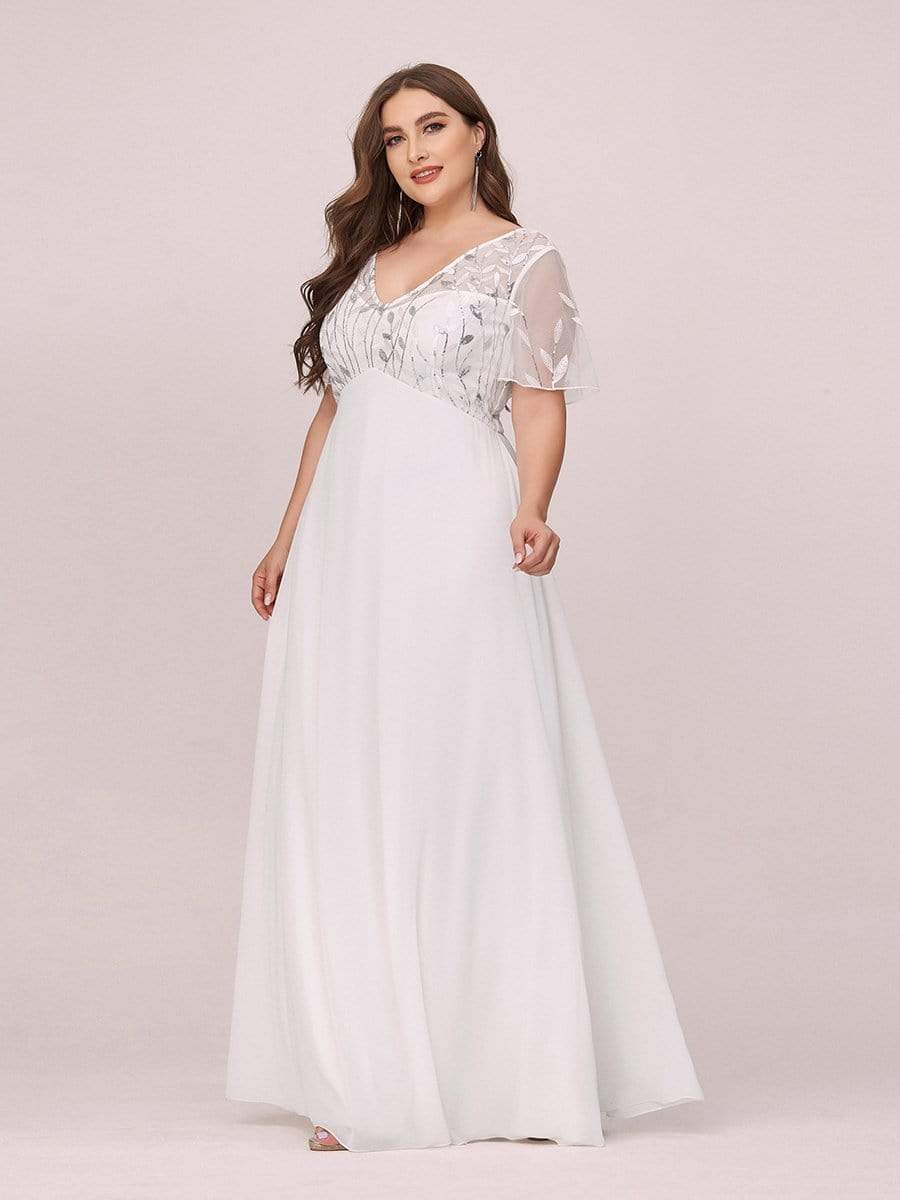 Plus Size V Neck Long Empire Formal Dresses with Sleeves #color_Cream 