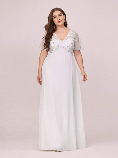 Plus Size V Neck Long Empire Formal Dresses with Sleeves #color_Cream 