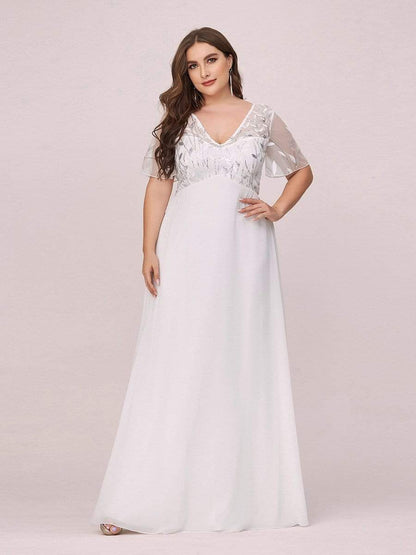 Plus Size V Neck Long Empire Formal Dresses with Sleeves #color_Cream 