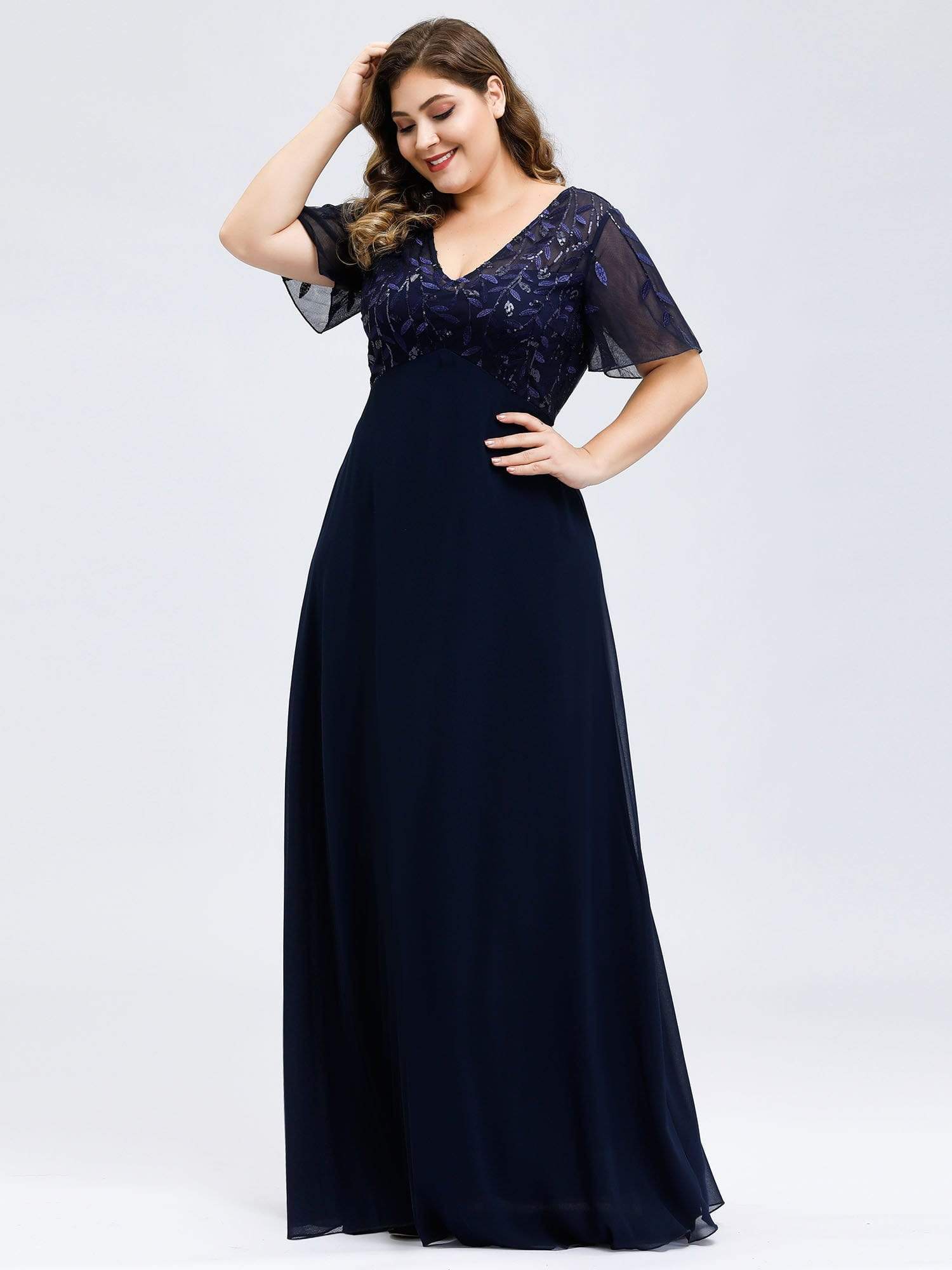 Plus Size V Neck Long Empire Formal Dresses with Sleeves #color_Navy Blue 