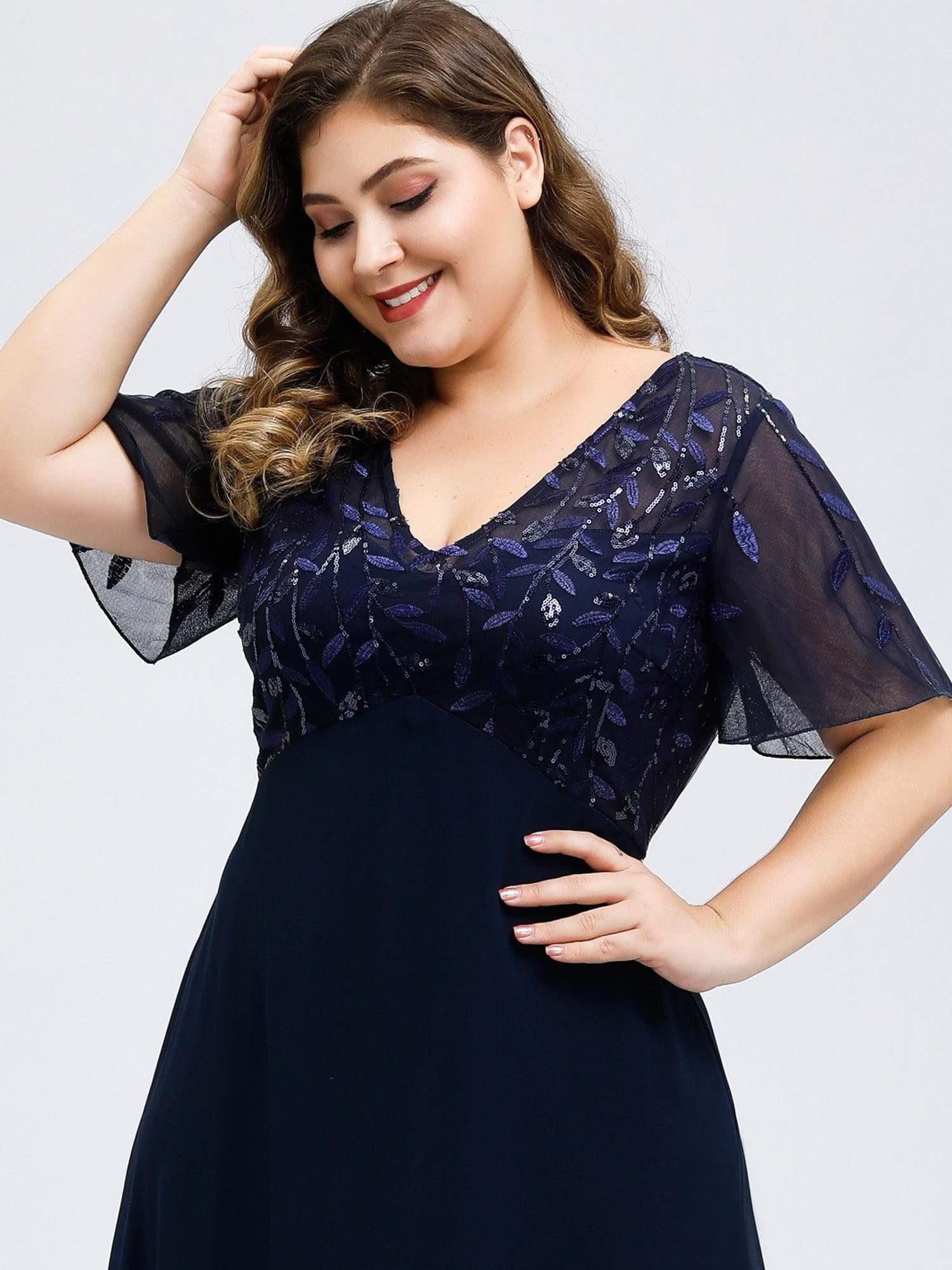 Plus Size V Neck Long Empire Formal Dresses with Sleeves #color_Navy Blue 