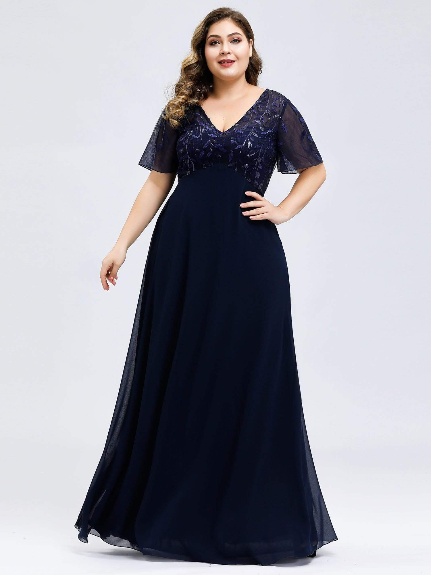 Plus Size V Neck Long Empire Formal Dresses with Sleeves #color_Navy Blue 