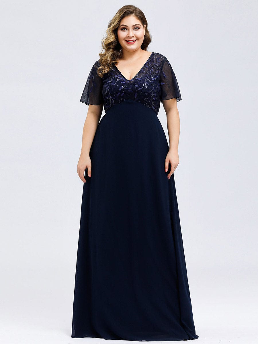 Custom Size Sequin Chiffon Evening Dresses with Sleeves #color_Navy Blue