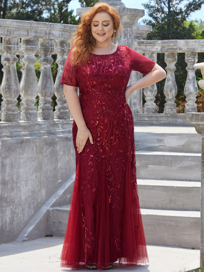 Floral Sequin Print Maxi Long Fishtail Tulle Dresses With Half Sleeve #Color_Burgundy