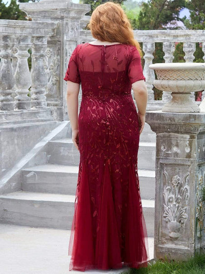 Floral Sequin Print Plus Size Mermaid Tulle Evening Dress #color_Burgundy 