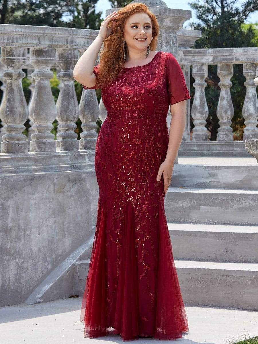 Floral Sequin Print Plus Size Mermaid Tulle Evening Dress #color_Burgundy 